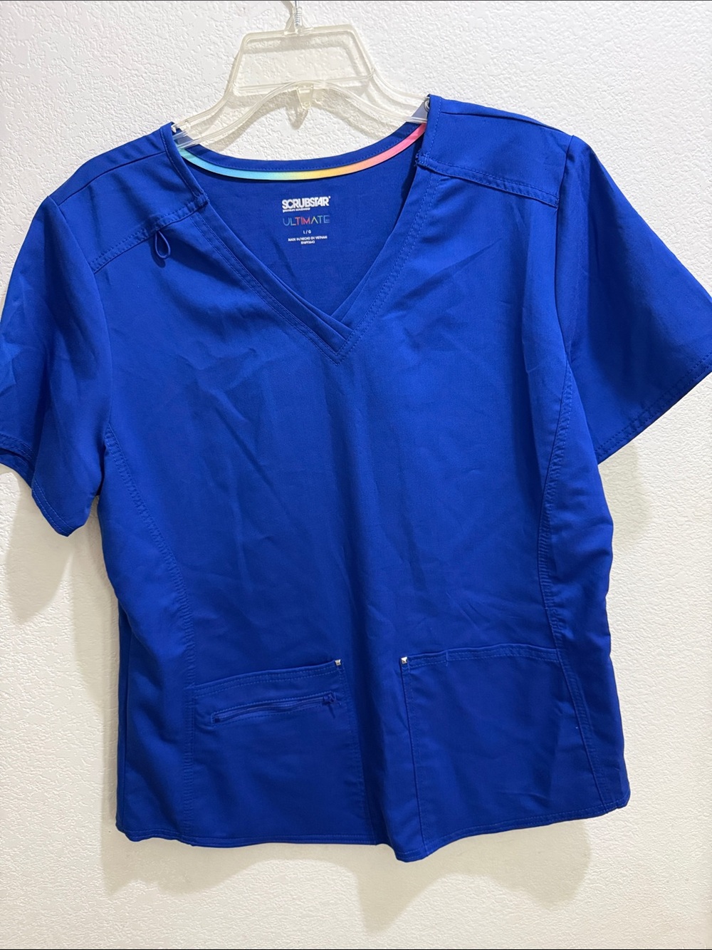 Scrubstar Women's V-Neck Medical Scrub Top in Royal Blue with Rainbow Trim